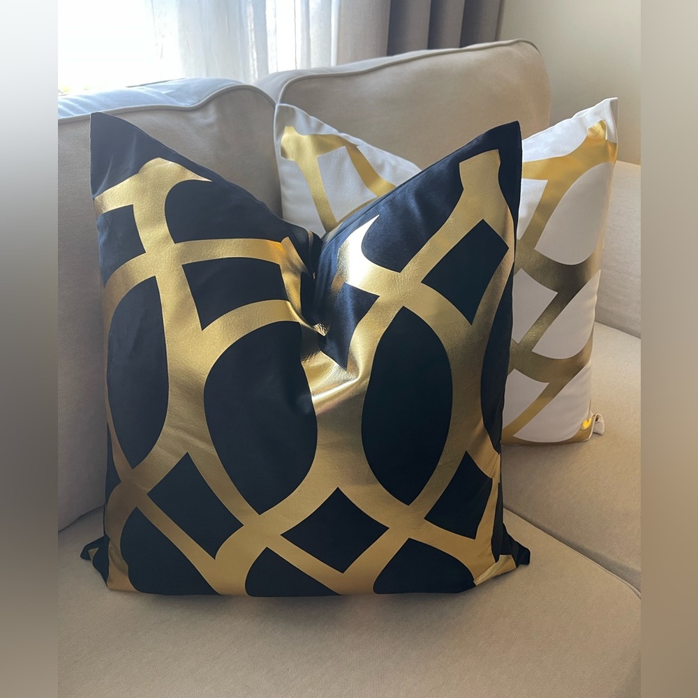 Two Luxury velvet  pillow grey,white, black with foil gold print Cover - Picture 11 of 17